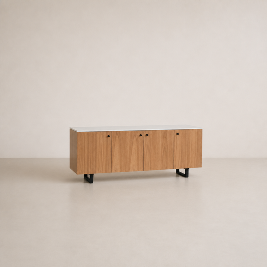 Credenza Enez de madera sólida y cuarzo blanco